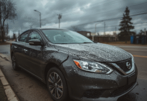 Hail-damaged black Nissan sedan after storm