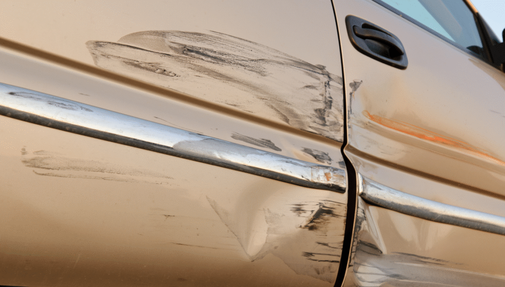 Scratched beige car door with dents and paint transfe