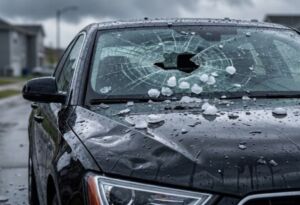 Hail-damaged car with cracked windshield and dents