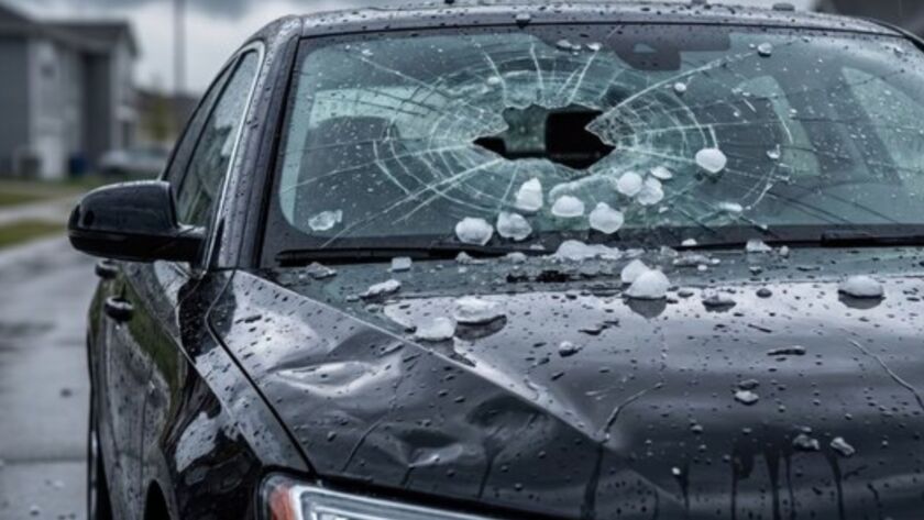 Hail-damaged car with cracked windshield and dents