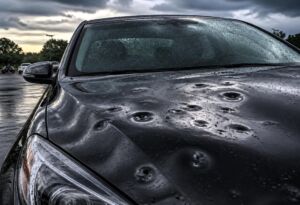Car hood with severe hail damage after storm